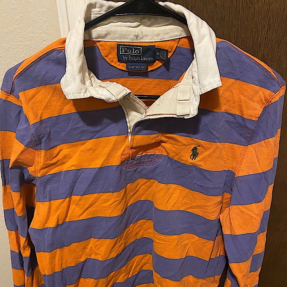 Orange and blue striped Polo by Ralph Lauren rugby long sleeve with white collar